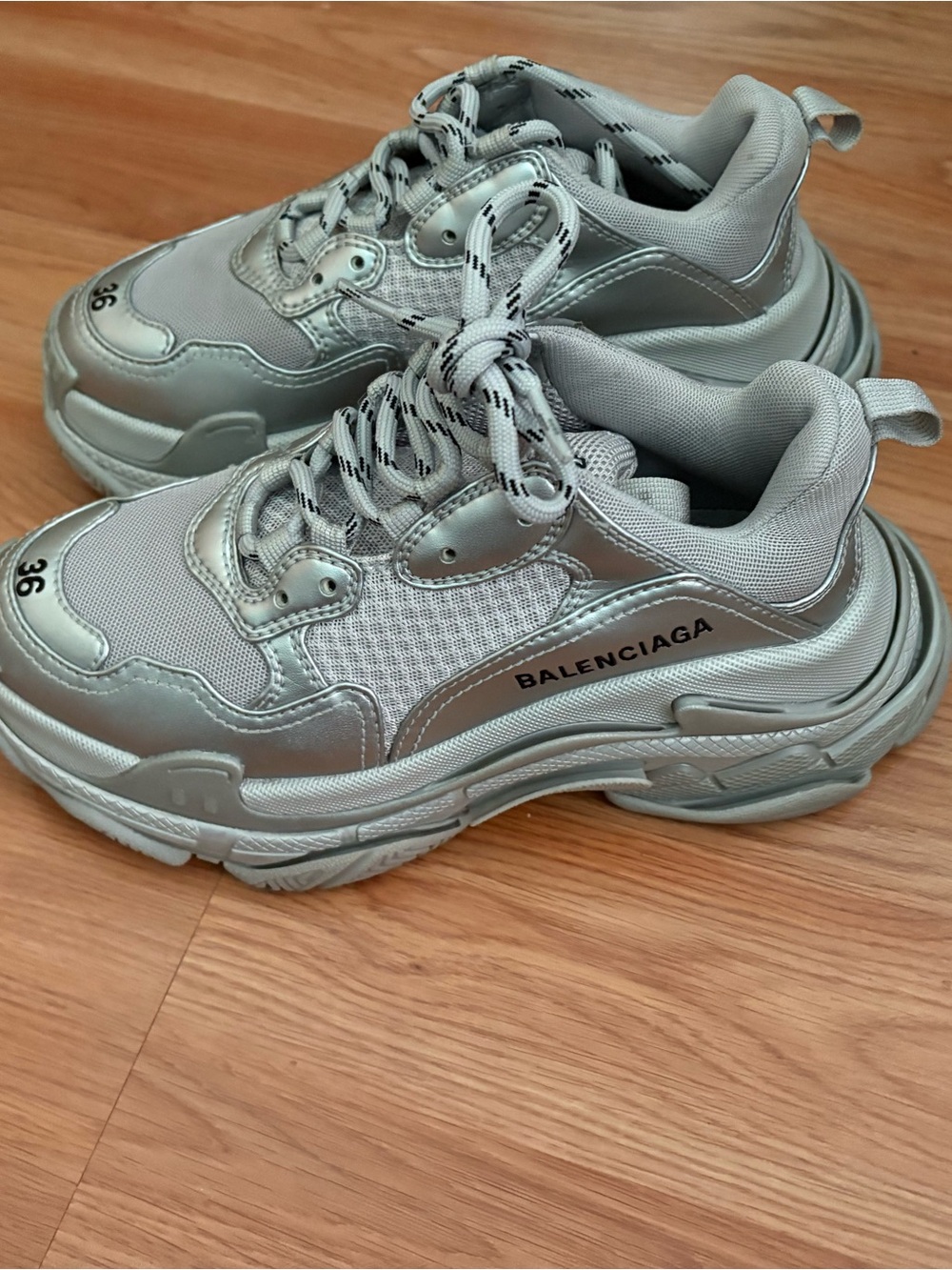 Balenciaga Metallic Silver Triple S Style Chunky Sneakers